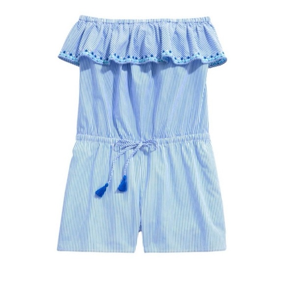 NWT Vineyard Vines Strapless Embroidered Ruffle Romper in Blue & White Stripes - Picture 3 of 6